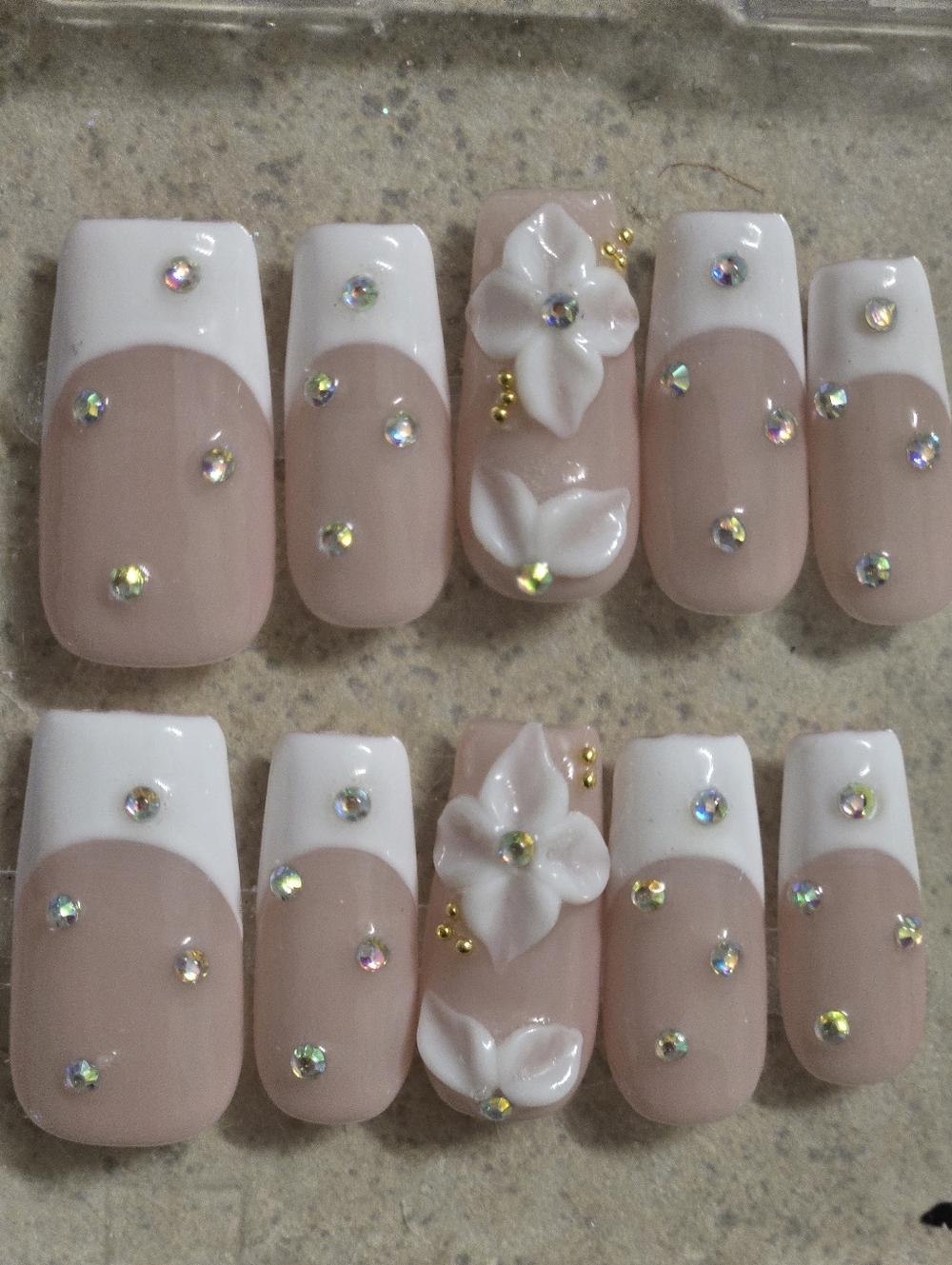 Nude & White Floral Rhinestone Press-On Nails, Medium Length Square Shape